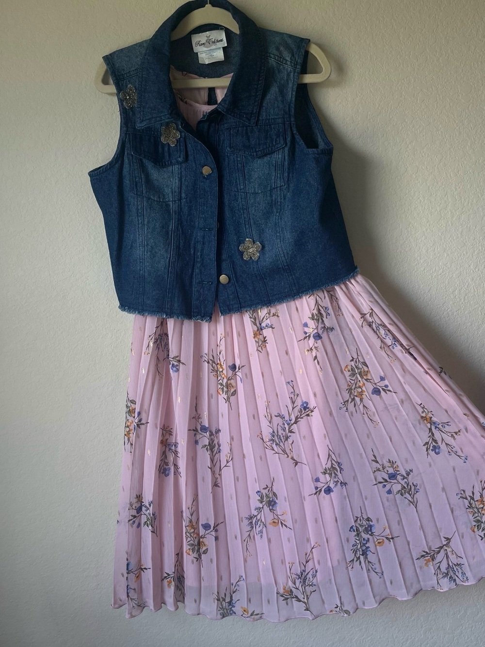 Rare Editions Denim Vest & Pink Floral Pleated Dress Set - Kids